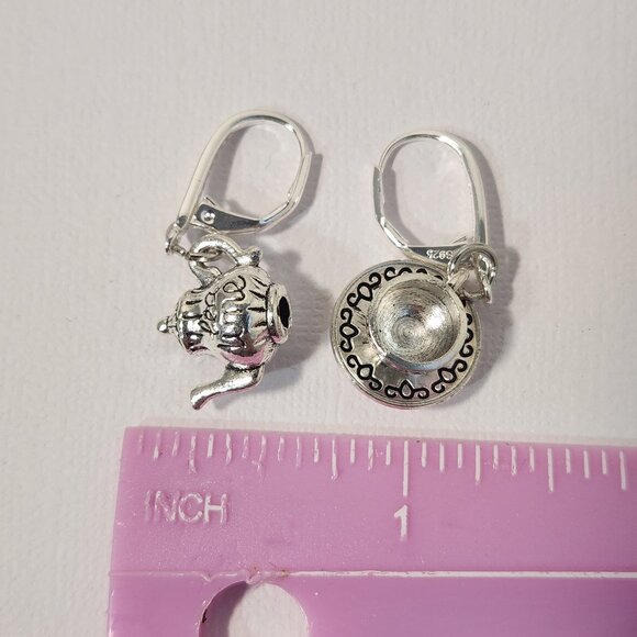 VTG 925 Teapot and Cup & Saucer Dangle Zircon Leverback Earrings - Picture 13 of 14